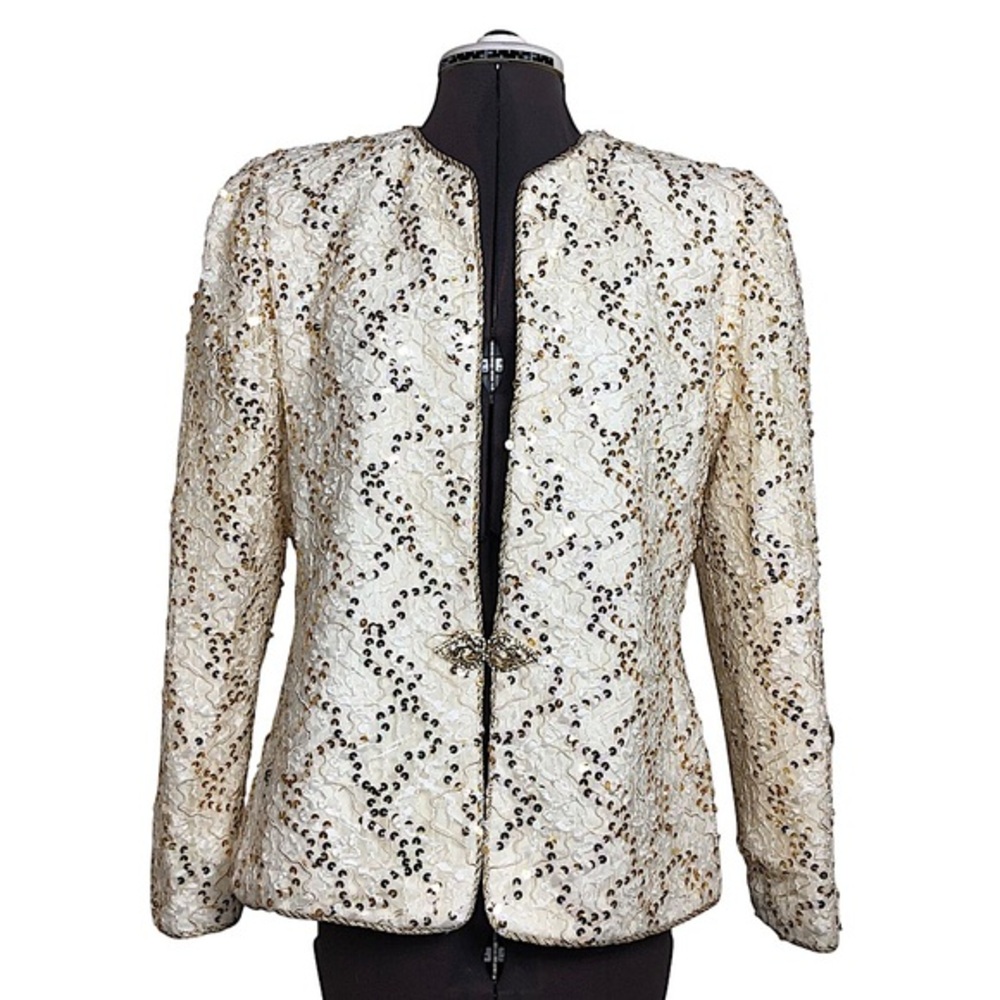 Karen Laurence by Matthew Gorgeous VTG  70’ Gold White Sequins ivory‎ Jacket 10